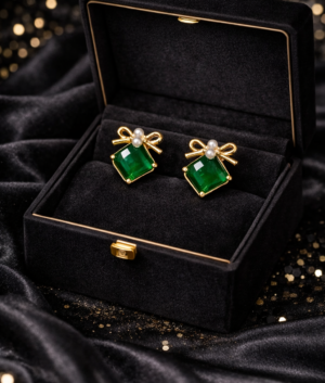 Emerald Bow Pearl Earrings
