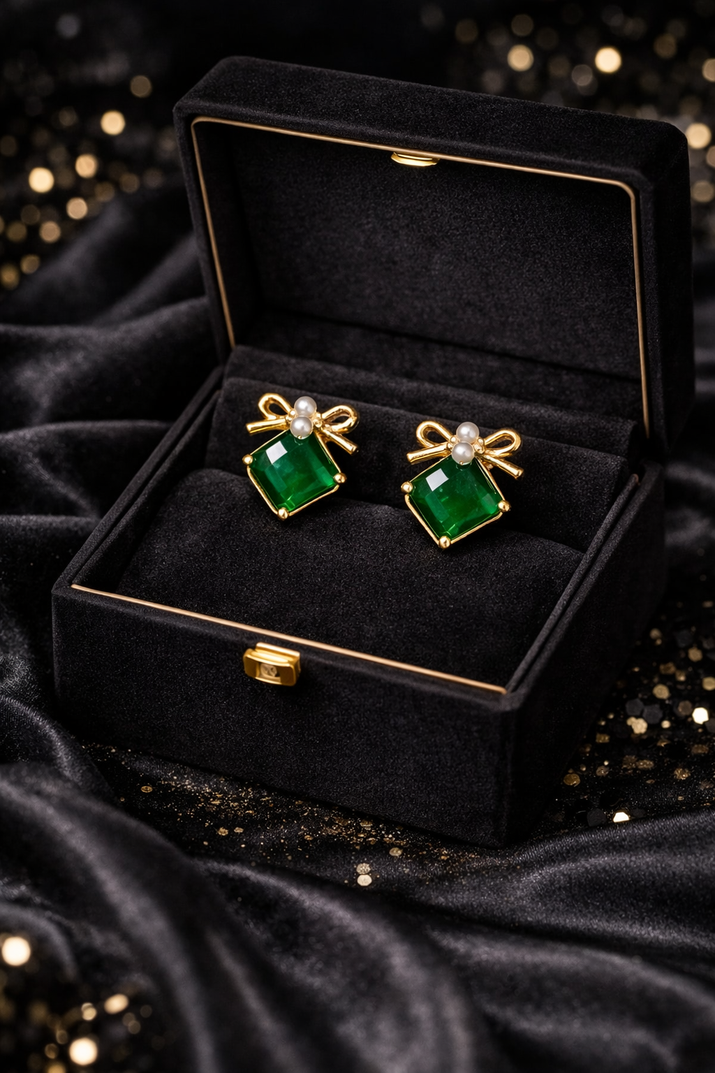 Emerald Bow Pearl Earrings